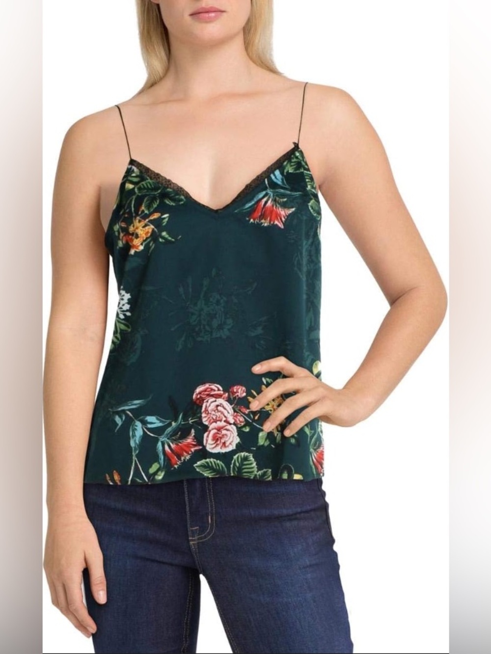 BCBGeneration Romantic Botanical Satin Lace-Trim Camisole Dark Green Size Small